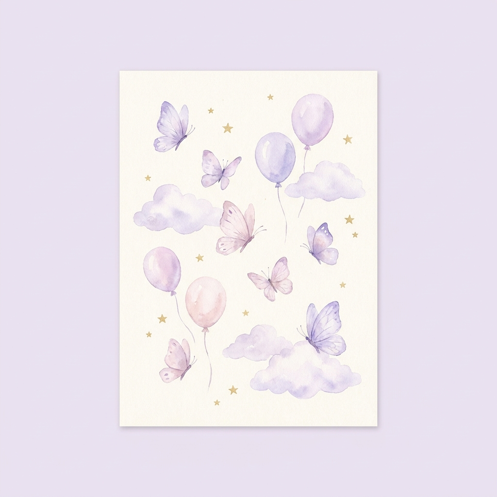 Butterflies and balloons drifting upward