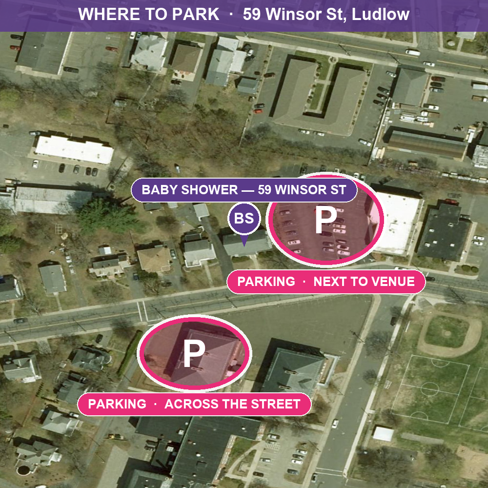 Aerial map of 59 Winsor St showing two parking areas: a lot right next to the venue and an area across the street